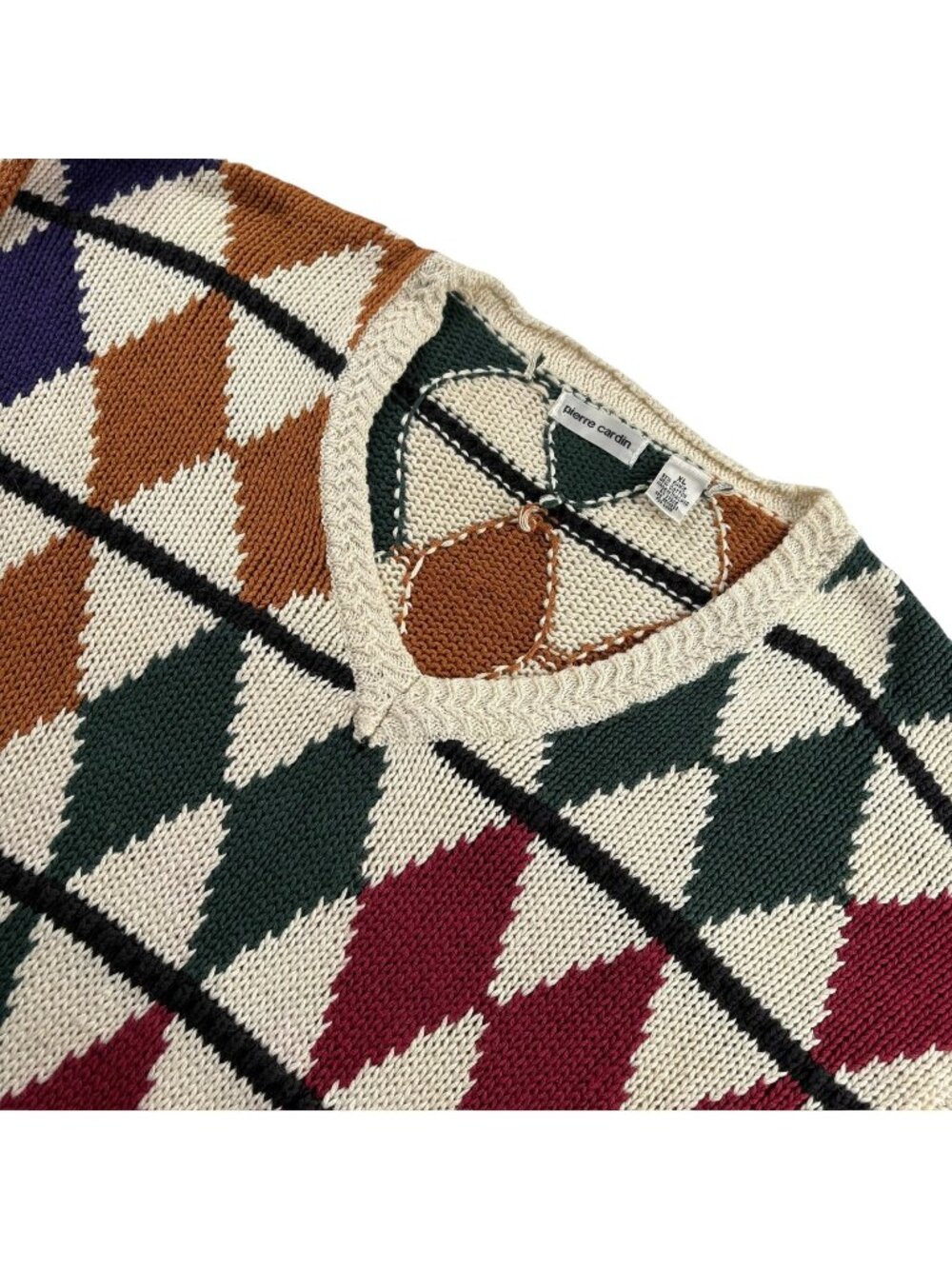 VTG Pierre Cardin Cotton Blend Knit Argyle V-Neck Sweater Multicolored • XL